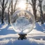 Placeholder: Frozen bubble in front of a snowy landscape, the bubble has wonderful icecrystals and the sun is shining, frozen, cold outside, swirley golden and silver lines, beads and pearls cover a tre trunk in the background