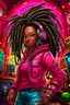 Placeholder: Create a digital airbrush cartoon of a curvy African American female wearing a hot pink jean outfit with timberland boots. Prominent make up with hazel eyes. She is wearing large diamond hoop earrings. Extremely highly detailed very long dread locs hair that shines. Background of a night club.