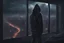 Placeholder: A man in hoodie , seeing the city through the window, beautiful cozy bedroom with floor to ceiling glass windows overlooking a cyberpunk Indian city at night, thunderstorm outside with torrential rain, detailed, high resolution, photorrealistic, dark, gloomy, moody aesthetic