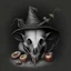 Placeholder: Realistic drawing of a Rat Skull with a Witch hat, Skull has ghost eyes and is eating from a poison apple.