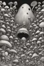 Placeholder: Looking into a black hole, hundreds of huge mushroom-shaped creatures with massive mouths, faceted eyes and tentacles.