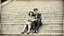 Placeholder: retro monochrome photo of a young hungarian couple in 60s style outfit sitting on the stone stairs in Budapest , full body, the photo is old, stained and scratched in some places, one corner of the photo is missing, the girl's and the boy's faces not clearly visible, blured, behind them are many stairs, summer, moody photo
