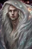 Placeholder: young male with flawless white skin, white eyes, long white hair, under a Cover designed with the universe, nebulas and pillars of creation