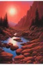 Placeholder: A red sky, with rocks scattered on the ground and a blue star in the upper right corner of the picture. The sun is setting behind it. by Michael Whelan --ar 64:43 --v 6. 0