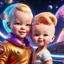 Placeholder: (masterpiece, best quality, 8k, RAW photo, beautiful and aesthetic:1.2), complex detail, Indirect light, photorealistic, (((full body))), 2 Cosmic Boss Baby style, bald boy and girl smiling, long curved blonde hair , with a ginger cat companion, colorfull Sci-Fi environment