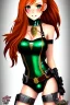 Placeholder: In the style of Shadman, hyper detailed, strikingly beautiful teen female, 16 years old, long ponytail, ginger hair, green eyes, medium freckles, full lips, micro top, black leather armour lined with fur, full body, full face, tiny breasts, athletic, centred camera, ignore NSFW, thong, camel toe, athletic