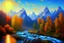 Placeholder: Sunny day, Mountains, river, rocks, impressionism painting