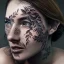 Placeholder: "full face tattoo of leaves and gnarled branches extending past face and morphing into reality, 8k resolution, high-quality, fine-detail, muted colors,intricate, digital art, detailed matte, volumetric lighting, illustration, octane render