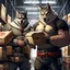 Placeholder: a chubby anthropomorphic wolf-man wearing t-shirt pants and red belt around his waist looking at several item lists in his paws in a large warehouse, around some boxes and wooden crate, an another anthropomorphic wolf-man just half visible in the doorway as he looks at him, detailed, realistic, sci-fi, anthro mood, fantasy