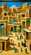 Placeholder: A tan underground mining village designed in ancient Egyptian pottery painted by Stuart Davis