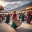 Placeholder: Pakistani Pukhtoon Women smiling & dancing at cloudy-sunset & snowy mountains with a typical crowded village market