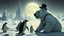 Placeholder: buster keaton as unstable polar growlar bear on the planet of Ceres, with some penguins with rocket backpacks and astronauts, in front of ice megapolis