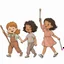 Placeholder: children joyfully walking. Left most child is carrying a parade leader's staff. Right most child is holding drumsticks. children's book illustration