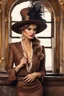 Placeholder: full body beautiful girl, elegant brown lace clothes of the 80s, luxury style, small elegant hat with feather, hair of the 80s, pearl necklace, earrings masterful, beautiful face