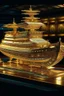 Placeholder: A giant space ship out of this world with intricate gold patterns,surrounded by reflective water pools and soft ambient lighting. 3D metallic finish, Indian and Asian heritage theme."