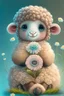 Placeholder: dorable cute happy baby scottish highland sheep with dreamy eyes, sitting down and holding a flower, nursery art, very rendered polished Perfect, smooth edges, flawless Facial Features, Stunning, Whimsical Fantasy, Cute, Highly Detailed, Well Rendered, cartoon, illustration