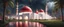 Placeholder: Hyper Realistic massive huge white-red mosque at a rainy night with grassy pathway, palm trees & Thunderstorm