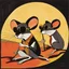 Placeholder: Three blind mice, dark sunglasses, dramatic, warm colors, dynamic diagonal composition, by Tomi Ungerer, color ink illustration, concept art, warm colors, opulent shadows, by Colin McCahon