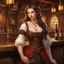 Placeholder: A looking young woman with pale skin and long brown hair in a fantasy tavern setting with intricate details. She is smirking, a tavern wench bartending, has intense red eyes, intimidating presence. High definition.