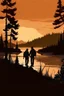 Placeholder: drawing Two silhuet hikers walking on a track near a lake in the forest, in a mountaion setting in sunset. the edge of the picture made with small outdoor related drawing.