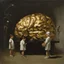 Placeholder: a huge golden brain supported by very small beautiful Asian female human bodies, complex surgical instruments mix a newborn boy between light and shadow, surrealism, symbolism, minimalism, sculpture by Adrian Ghenie, Lucian Freud, Rene Magritte, Salvador Dali