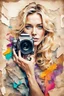 Placeholder: portrait of a blonde woman with a camera, background old torn paper, bright colors, ART drawing