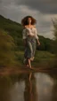 Placeholder: full body shot of a very beautiful lady curly hair, walks in the country side with a narrow river with clean water and nice rocks on floor. The trees and wild flowers .