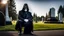 Placeholder: photo of a hoodless grim reaper wearing a suit, highlighting shiny areas of the skull, sitting outside a cemetery with a welcome sign, wearing suit, rim lighting, studio lighting, looking at the camera, dslr, ultra quality, sharp focus, tack sharp, dof, film grain, Fujifilm XT3, crystal clear, 8K UHD, clean, orange evening lighting