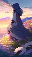 Placeholder: anime picture of a young girl kneeling. She wears a long cloth cape that covers his face and hair. She wears large and closed clothes. She prayed to God on a hill full of flowers. dawn background