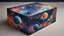 Placeholder: a box 10 cm long by 5 cm wide and 25 cm high, drawn on a box on all sides, space, tress, planets, crow galaxies a lot of colours, very realistic