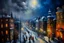 Placeholder: oil paint, people walking at night on a snowy city, Christmas decorated street lights, night Christmas lights, smoke from the fire places of the houses, colours, trees without leaves, moon behind the clouds, view from above, extra ordinary details.