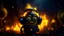 Placeholder: A Minion that is a blend between a hell devil and fire, fire sparks, smoke, debris. dj headphone, Terrifying face. It is rushing. Bokeh. Chiaroscuro. photorealistic.