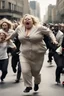 Placeholder: an obese terrified blonde woman crying and sobbing in a pant suit desperately running away from an angry mob of thousands of black people chase her down a city street