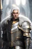 Placeholder: Male Tan Human, White Hair, Handsome Face, King Crown, Dark Heavy Armour, Black colour theme, Dark Background