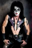 Placeholder: text 'KISS' - Paul Stanley, White face paint, black star on right eye, rose tattoo on right shoulder, head and shoulders portrait, KISS - Paul Stanley, Black star on right eye, Chest and stomach hair, rose tattoo on right shoulder, black spandex and leather, 8-inch high platform boots, - a multicolored cement wall in the background,