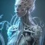 Placeholder: biomorphic witch with lighting, panoramic, colours, 3D-rendering, foto-realistic,TG, 8k, art by HR Giger.