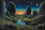 Placeholder: Dark blue sky with one exoplanet in the horizon, rocks, puddle, weeds, sci-fi movies influence, epic, ernest welvaert, and charles leickert impressionism paintings