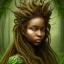 Placeholder: Renaissance style. Watercolour Painting. the face of A young black woman. A wood nymph emerging from the forest. Her hair looks like vines. leaves and gnarled branches extending past face and morphing into reality, Dreadlocs. Her skin is the colour of dark soil. Her skin looks like tree bark. Her clothing is made of vines, grass and leaves.