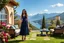 Placeholder: very beautiful lady with beautiful midi dark blue- jeweled lace skirt and top with curvy hair high heels standing in a nice villa yard with trees flowers,with a tras with lux furniture ,in country side in floor of beautiful mountains ,sea with ships ,water falls,16 by 9
