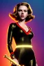 Placeholder: retro portrait image from 1960, explosion background, long red hair, young Scarlett Johansson, classic long black tight lycra suit, metal stick weapon, gold bracelet and belt, high heel boots, soft color, highly detailed, unreal engine 5, ray tracing, RTX, lumen lighting, ultra detail, volumetric lighting, 3d, finely drawn, high definition, high resolution.