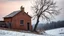 Placeholder: a lonely old adobe hut with worn adobe brown-gray wall and a small window, a crumbling roof, an old chimney stands on a hill, next to it is a small woodshed by the wall, and an old withered tree leans over the hut on thr old tree sitting a black crow, the hut stands on the edge of a European forest, winter, snowy landscape, low light, dawn, snow, high detailed, sharp focus, high realistic, perfect photo