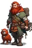 Placeholder: an male dwarf redhead ranger with big beard, and a bear pet with bags, dungeon and dragons, rpg