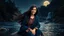 Placeholder: Hyper Realistic Photographic Close Face View Of A Beautiful Young Pashto Woman With Beautiful Long Black Hair Whirling, Wearing Beautiful Navy-Blue Frock With Orange Embroidery And Navy-Blue Dupatta Happily Sitting On a big-rock in the middle of River Water & Smiling, In A Jungle Riverside With Beautiful Waterfall From Mountain With Full Moon with Stars Along With Fireflies Around Her At Night Showing Dramatic And Cinematic Ambiance.