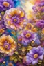 Placeholder: ideal image optimization, the best lush Ageratum big flower result, Create stunning summer flowers art combining Gustav Klimt's intricate style with Pierre-Auguste Renoir's vibrant brushstrokes. Use alcohol ink splatter for dynamic elements. Aim for hyper-detailed super realism in 8K, with bright neon colors and gold accents, capturing a radiant summer day. Add an Art Nouveau aesthetic to enhance elegance and sophistication of this award-winning Masterpiece seamless pattern