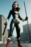 Placeholder: retro portrait image from 1960, city background, wind, long hair, fighting stance, young Scarlett Johansson, classic black tight lycra suit, metal stick weapon, gold bracelet and belt, high heel boots, soft color, highly detailed, unreal engine 5, ray tracing, RTX, lumen lighting, ultra detail, volumetric lighting, 3d, finely drawn, high definition, high resolution.