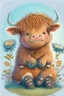 Placeholder: dorable cute happy baby scottish highland cow with dreamy eyes, sitting down and holding a flower, nursery art, very rendered polished Perfect, smooth edges, flawless Facial Features, Stunning, Whimsical Fantasy, Cute, Highly Detailed, Well Rendered, cartoon, illustration