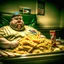 Placeholder: patriotic repulican super fat american eating a giant pile of fries in the emergency care room patient bed HD