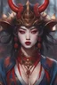 Placeholder: portrait of a young alluring female oni samurai wizard in Japanese priestess armor, demon horns, feudal japan, D&D character, RPG, fantasy character, stylish, 8k, beautiful, perfect lips, red lips, vampire fangs, blue makeup around eyes, red makeup on cheeks, detailed eyes, perfect eyelashes, big chest, houtglass body, pale white skin, seductive expression,casting spell, cherry blossoms in background, legend of the five rings rpg, anime art style, heroic pose, full body picture