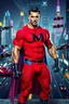 Placeholder: An extremely muscular, athletic man with a short, black hair, blue eyes, goatee, wearing a bright red, textured formfitting bodysuit, wearing blue trunks on the outside of the bodysuit, a black leather, knee-high black leather boots, black wrist gauntlets, blue cape, with a black Capital letter "M" on the chest, posing against a futuristic cityscape, Neon-lit, Extremely colorful, Flying cars
