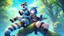 Placeholder: Girl, blue hair, raccoon ears, raccoon tail, raccoon face, forest, sit on tree, raccoon paws on hand, paws on foot, raccoon muzzle